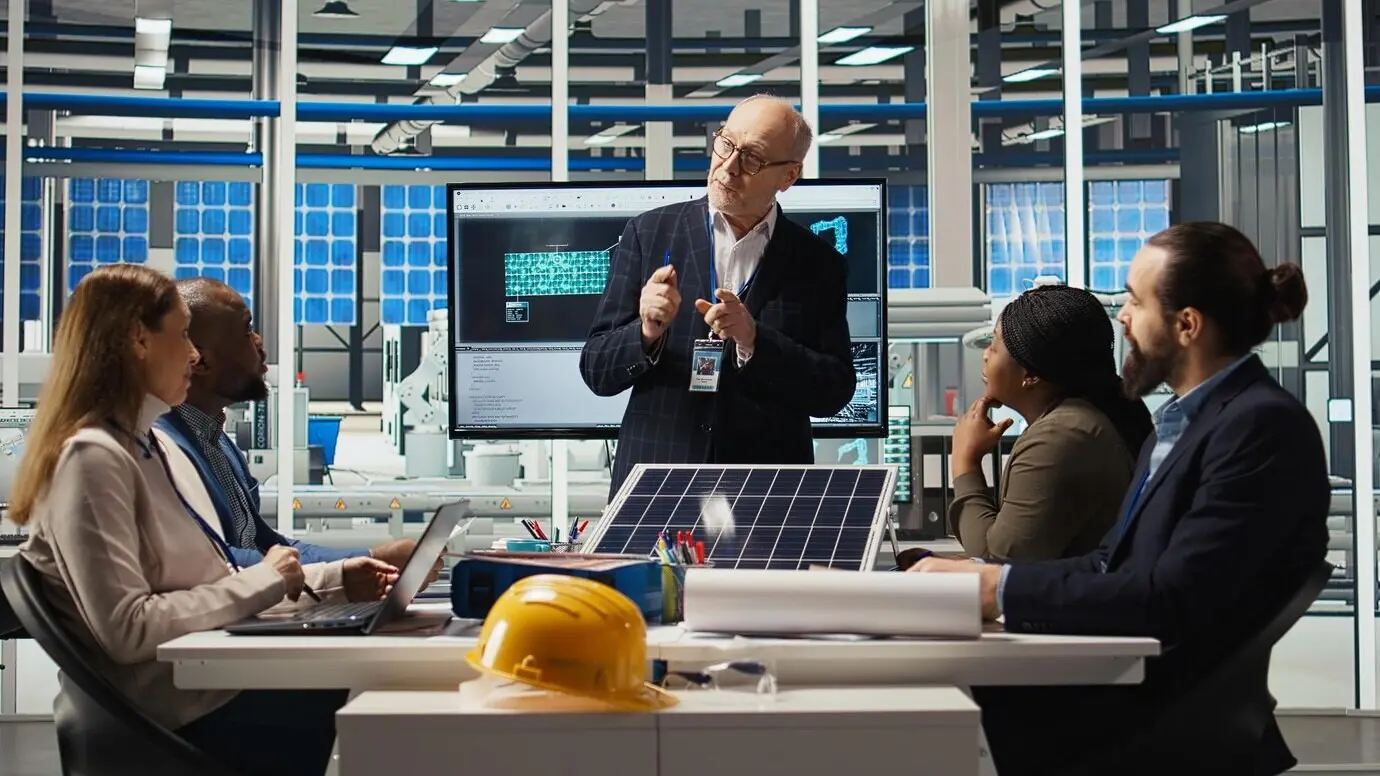 Geschäftsmänner in einer Photovoltaikfabrik, die finanzielle Investitionen tätigen.